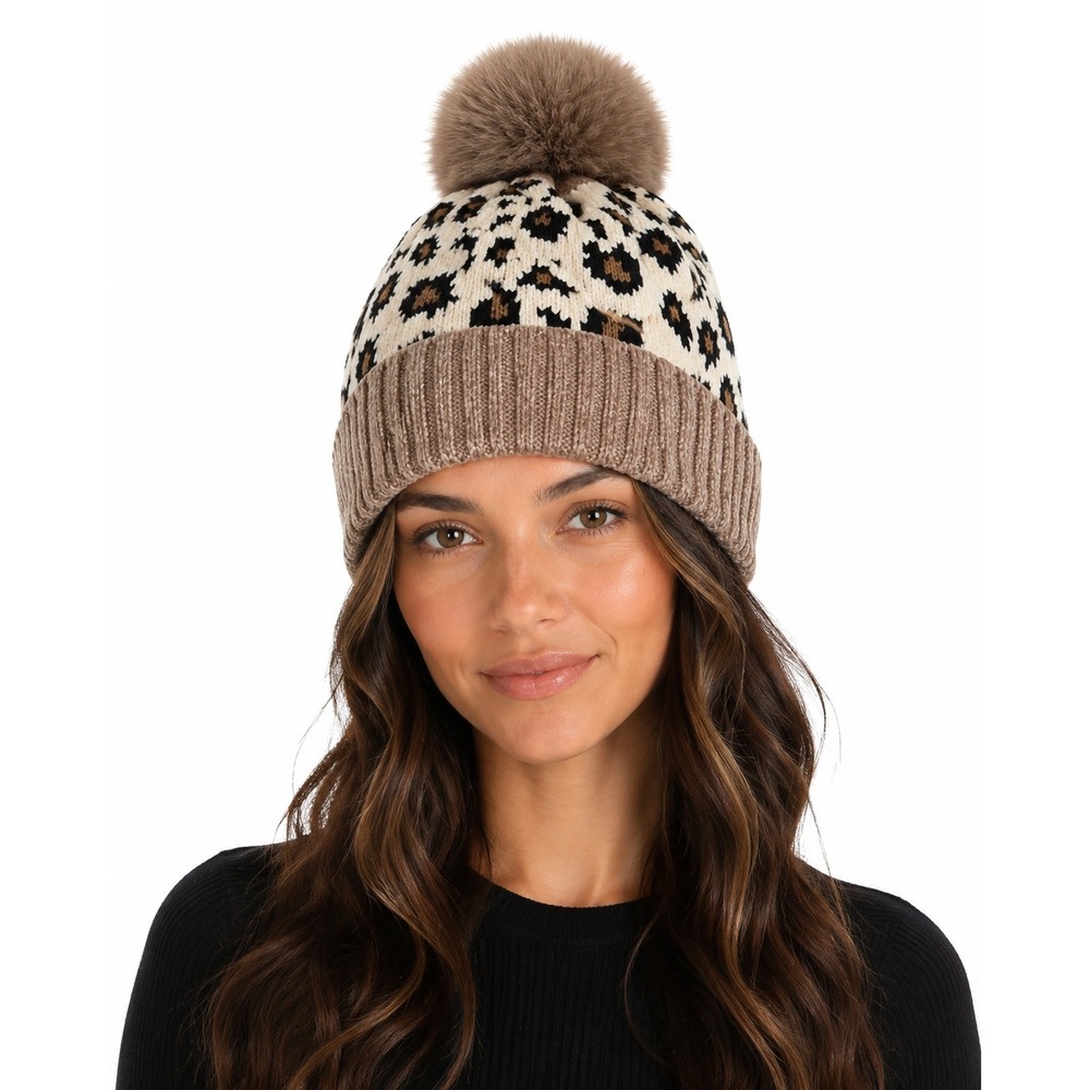 Womens OS Leopard Print Chenille Beanie Faux Fur Pom Pom Winter Hat